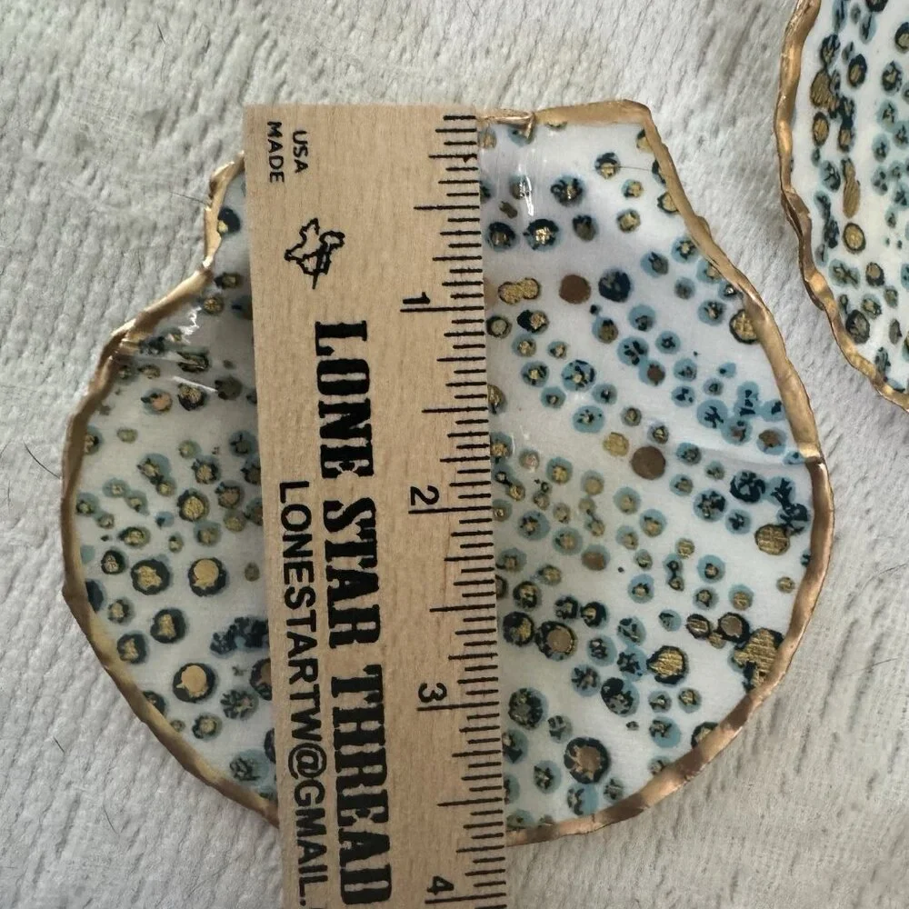 Handmade Decoupage Scallop Shell Trinket Dish Blue, Green Gold Dots - Picture 5 of 9